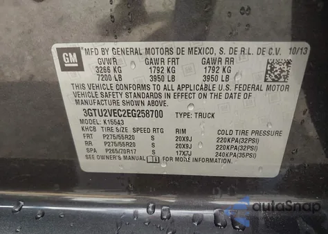 2014 GMC Sierra 1500 Slt from USA, damaged, VIN 3GTU2VEC2EG258700